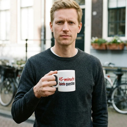 Quick Question funny office coffee mug — lifestyle