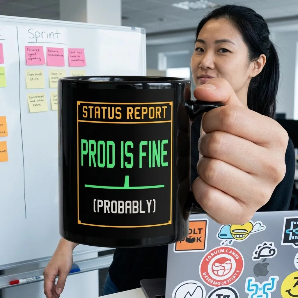Prod Is Fine programmer mug — lifestyle
