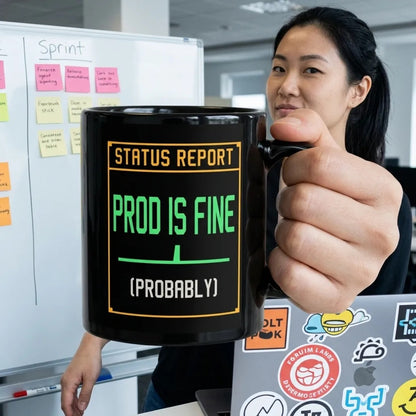 Prod Is Fine programmer mug — lifestyle
