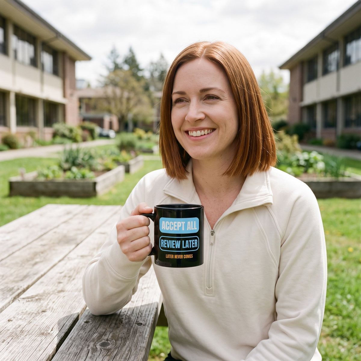 Accept All Review Later mug — lifestyle