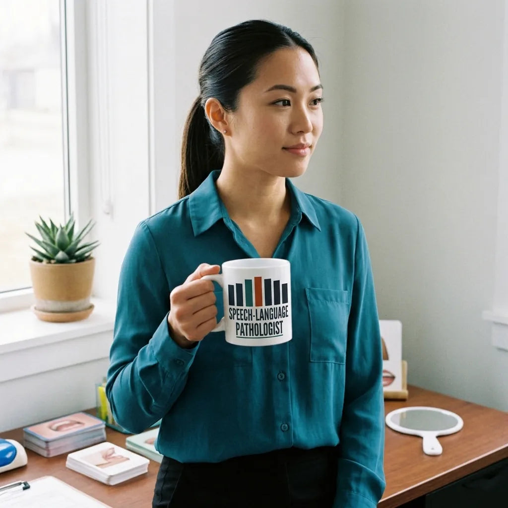 Mid-Century Clinic speech therapy mug — lifestyle
