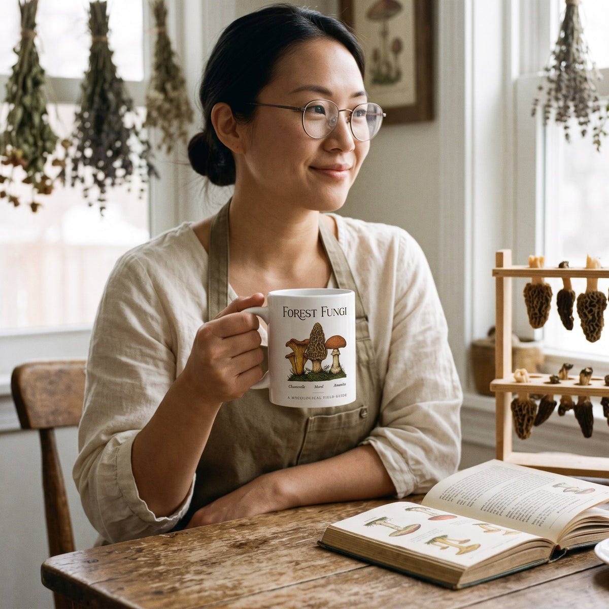 Forest Fungi vintage mushroom field guide mug — lifestyle
