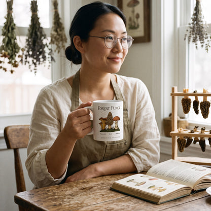 Forest Fungi vintage mushroom field guide mug — lifestyle