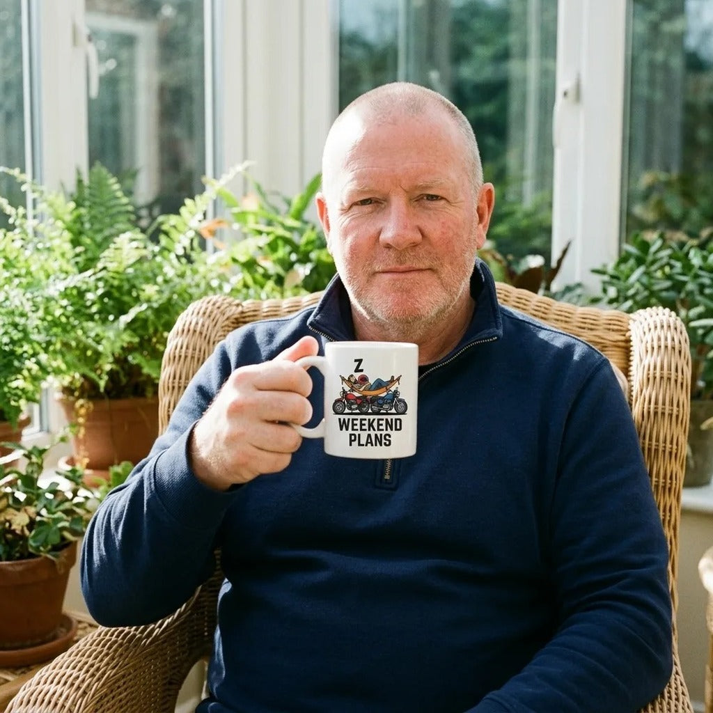 Weekend Plans funny motorcycle dad coffee mug — lifestyle