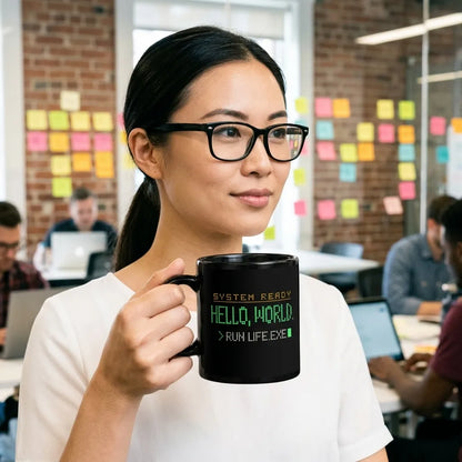 Hello World programmer mug — lifestyle