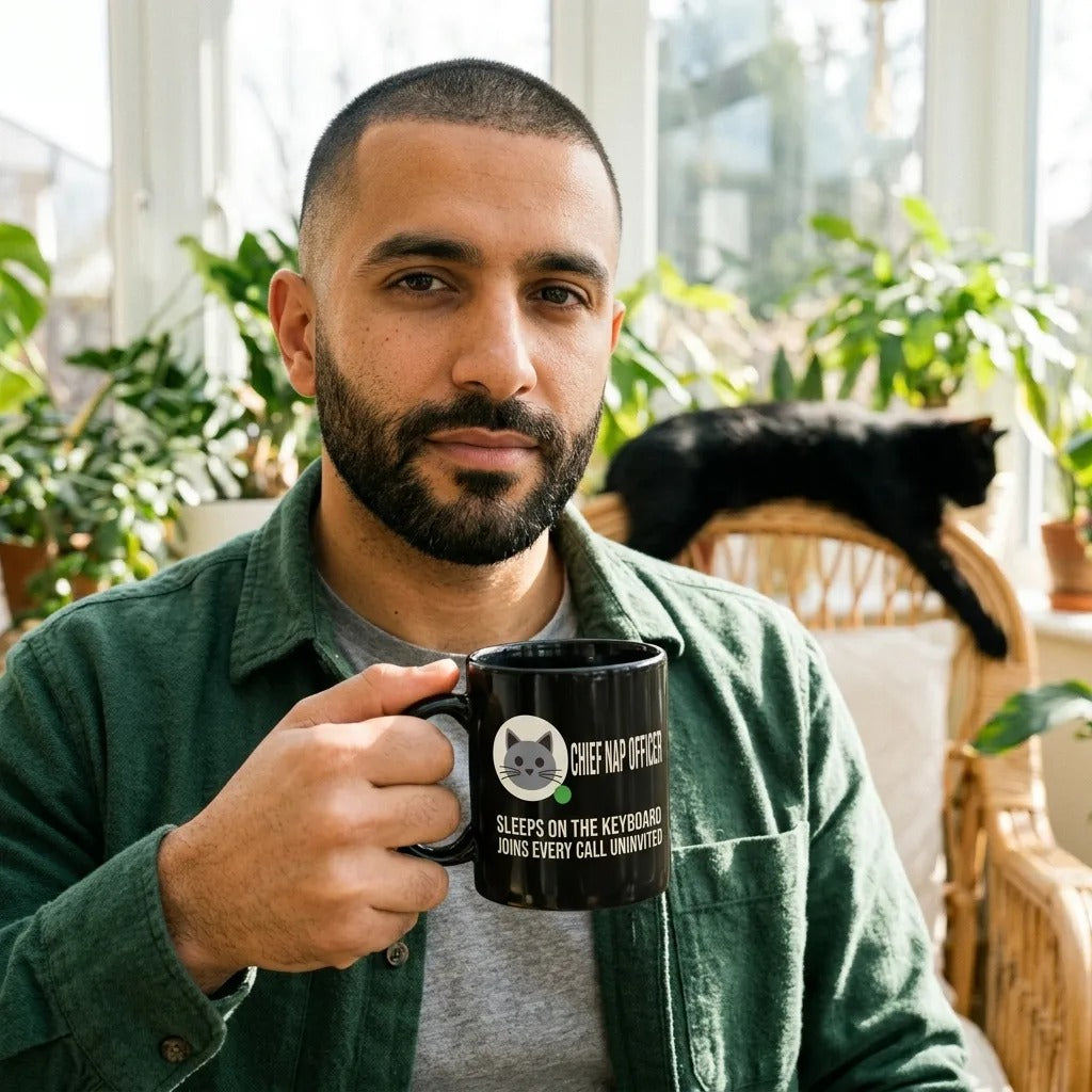 Chief Nap Officer cat profile card mug — lifestyle