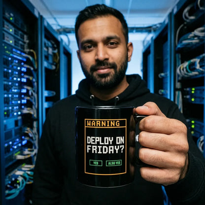 Deploy On Friday programmer mug — lifestyle