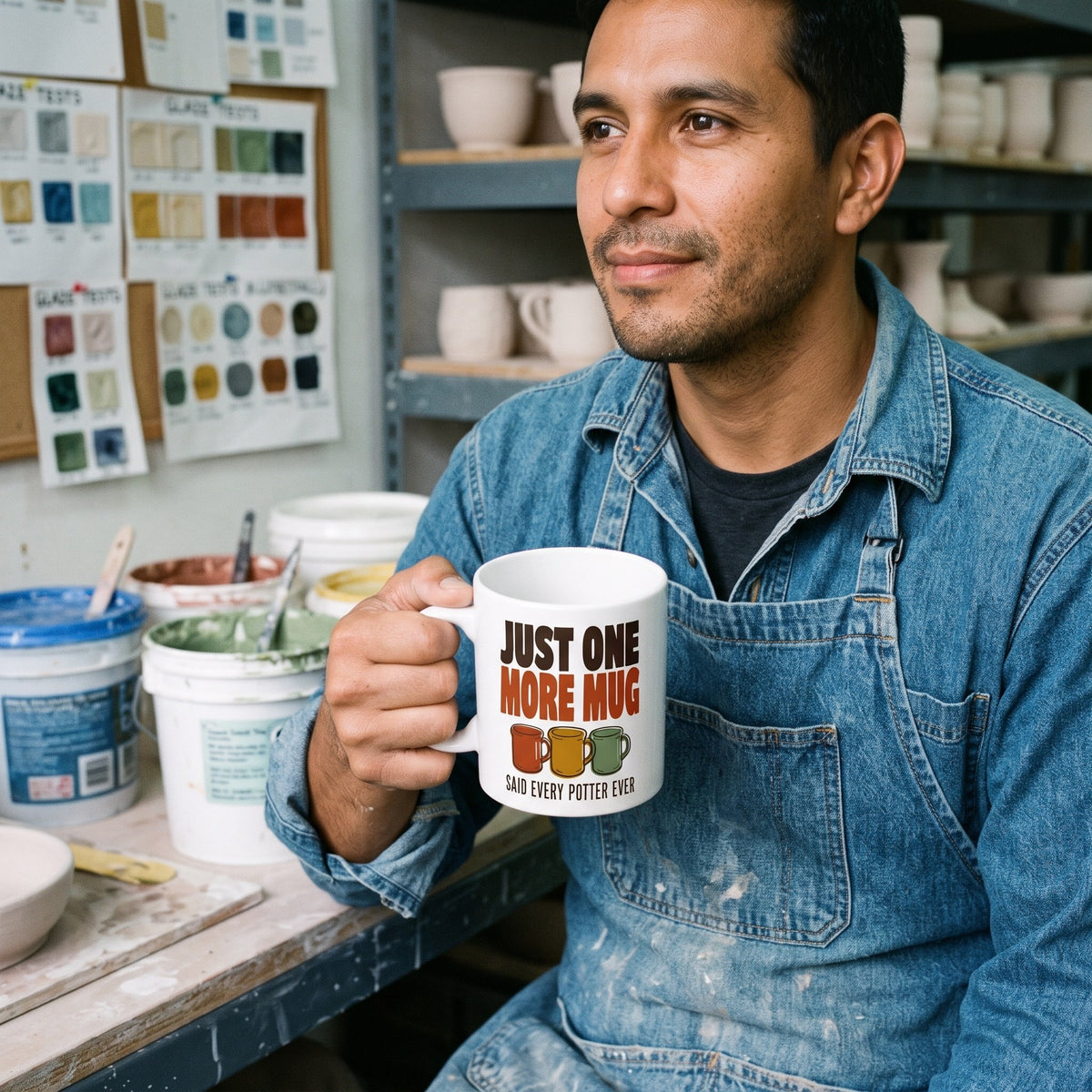 Just One More Mug funny pottery mug — lifestyle