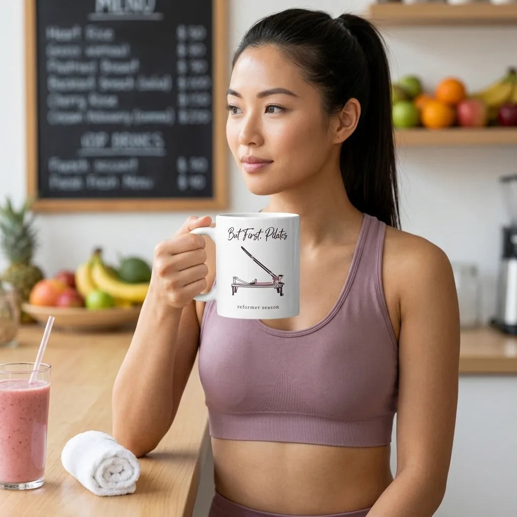 But First Pilates reformer line-art mug — lifestyle