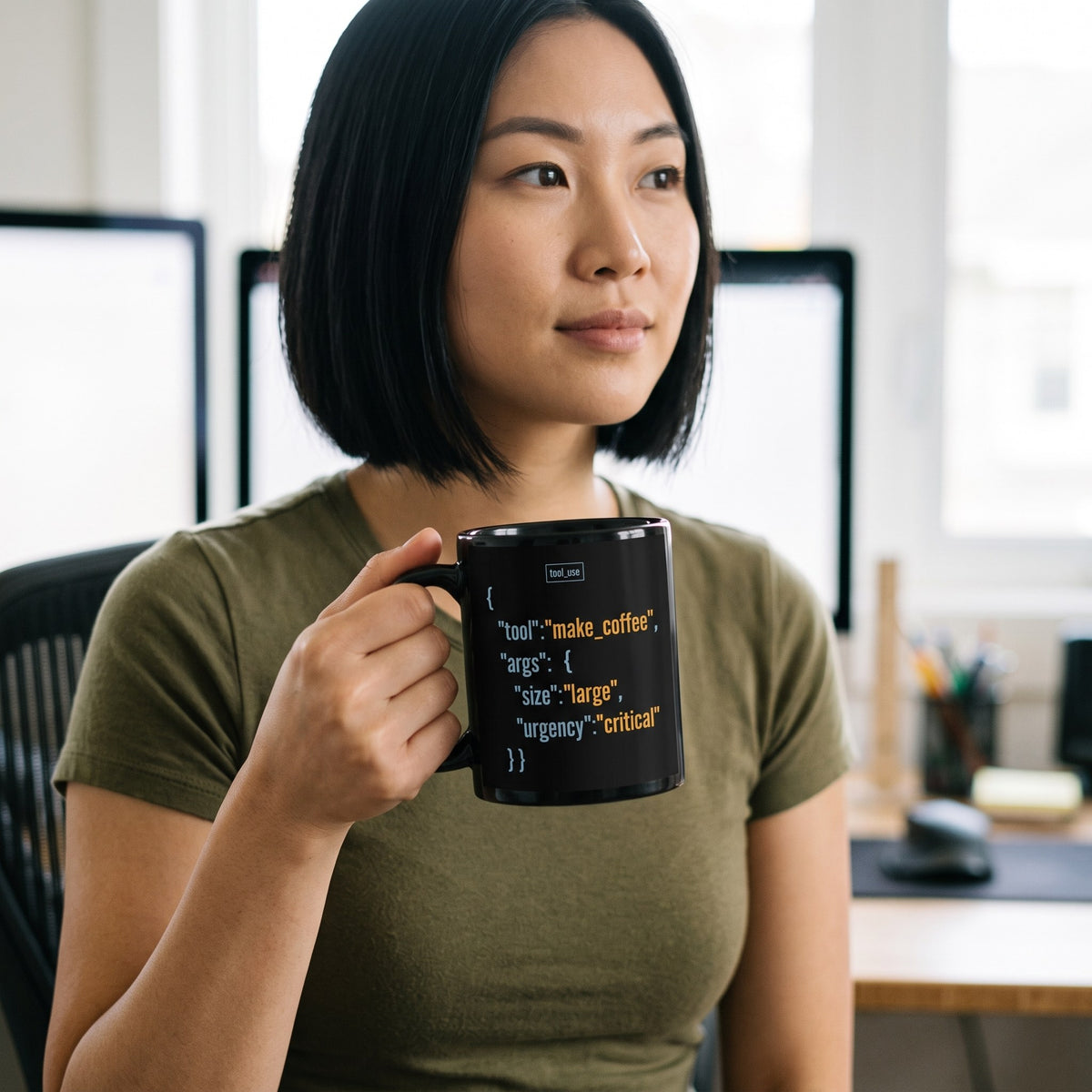 Tool Call Make Coffee AI engineer mug — lifestyle