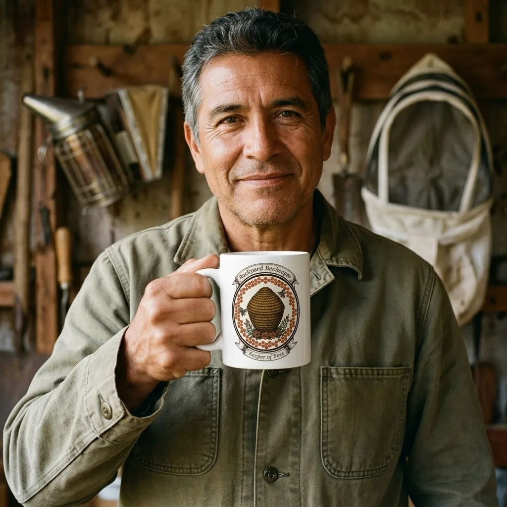 Backyard Beekeeper Keeper of Bees vintage apiary crest ceramic mug — lifestyle