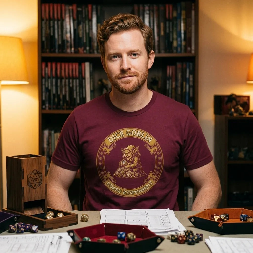 Dice Goblin Hoard Responsibly tabletop RPG tee — lifestyle