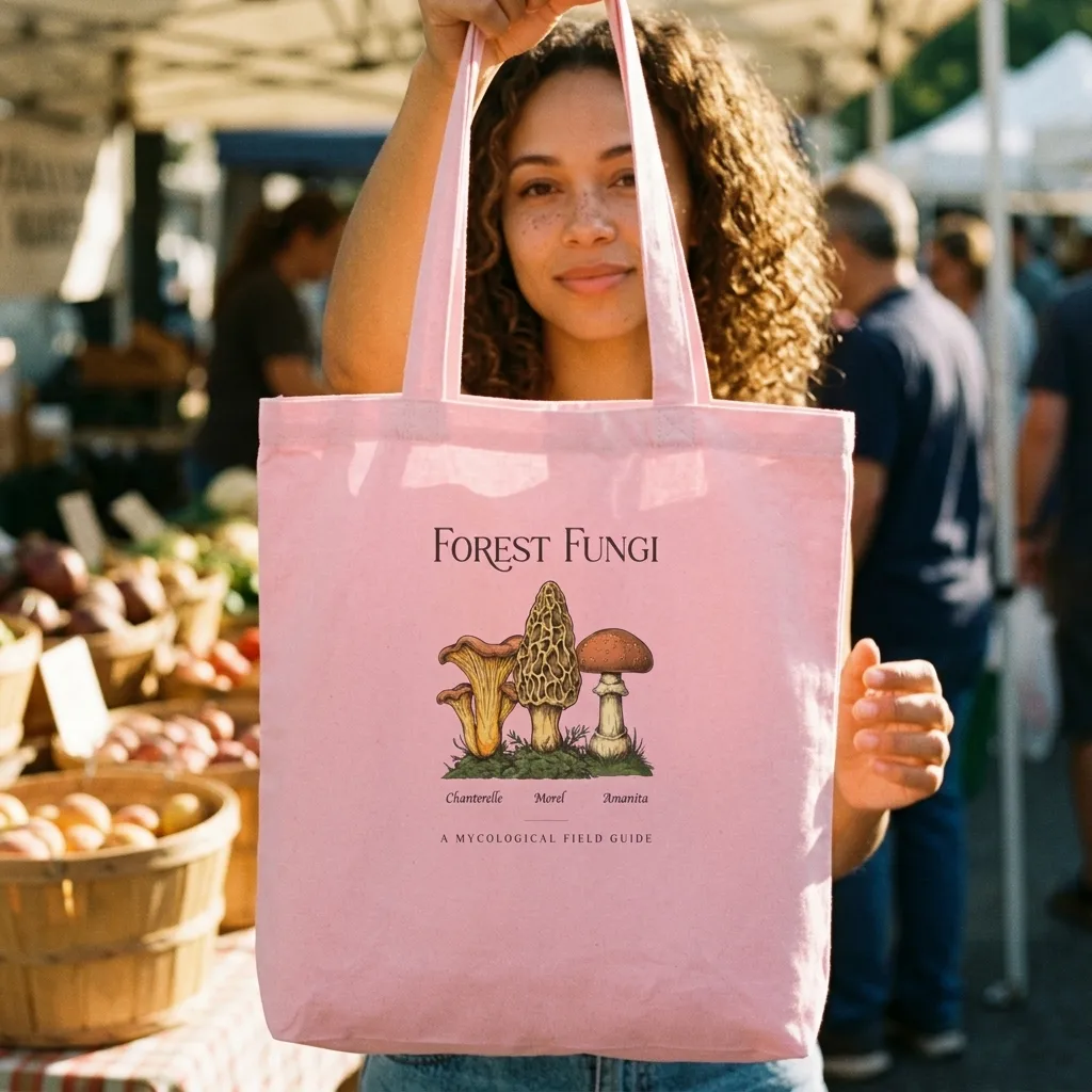 Forest Fungi vintage mushroom field guide tote bag — lifestyle