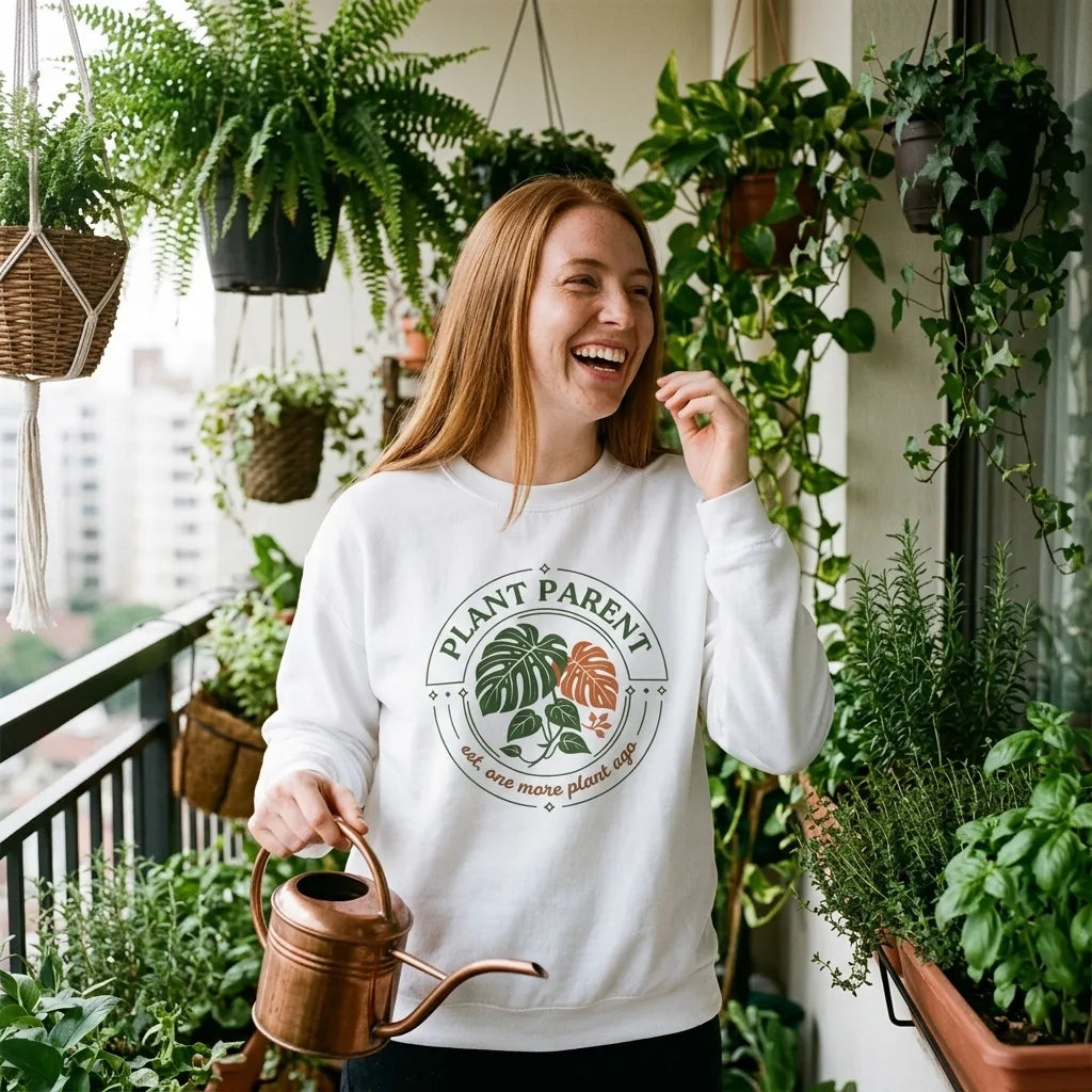 Plant Parent retro botanical badge crewneck sweatshirt — woman laughing on a plant-filled balcony, White