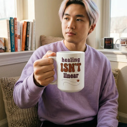 Healing Isn't Linear soft retro mental health mug — lifestyle