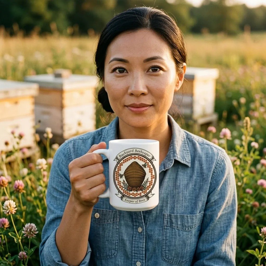 Backyard Beekeeper Keeper of Bees vintage apiary crest ceramic mug — lifestyle