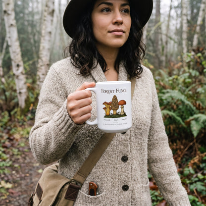 Forest Fungi vintage mushroom field guide mug — lifestyle