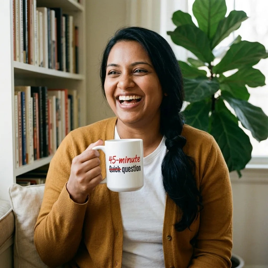 Quick Question funny office coffee mug — lifestyle