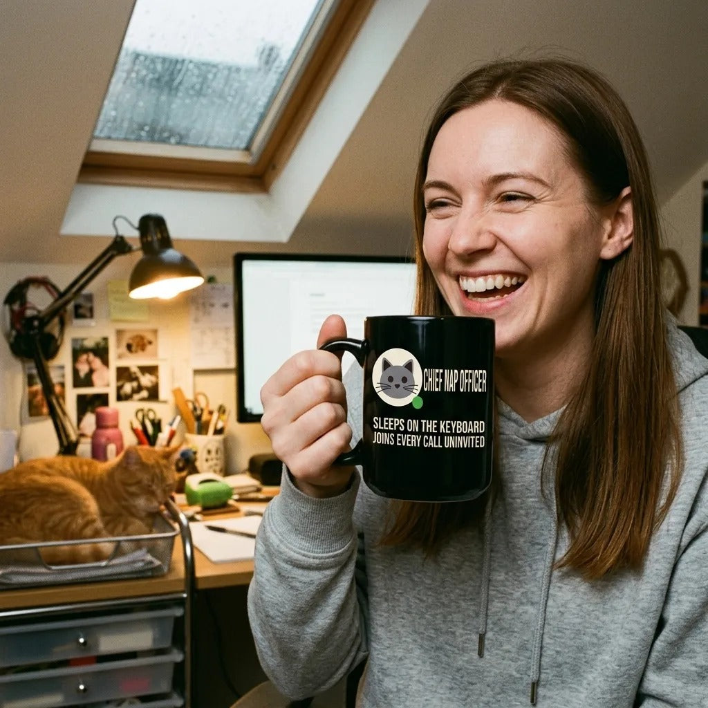 Chief Nap Officer cat profile card mug — lifestyle
