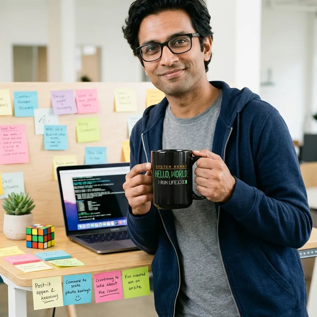 Hello World programmer mug — lifestyle