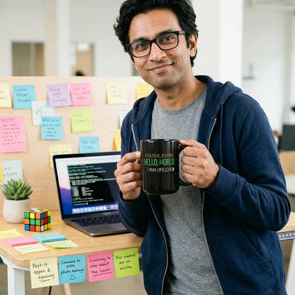 Hello World programmer mug — lifestyle