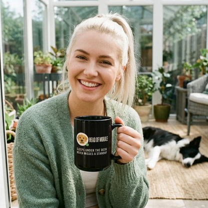 Head of Morale dog profile card mug — lifestyle