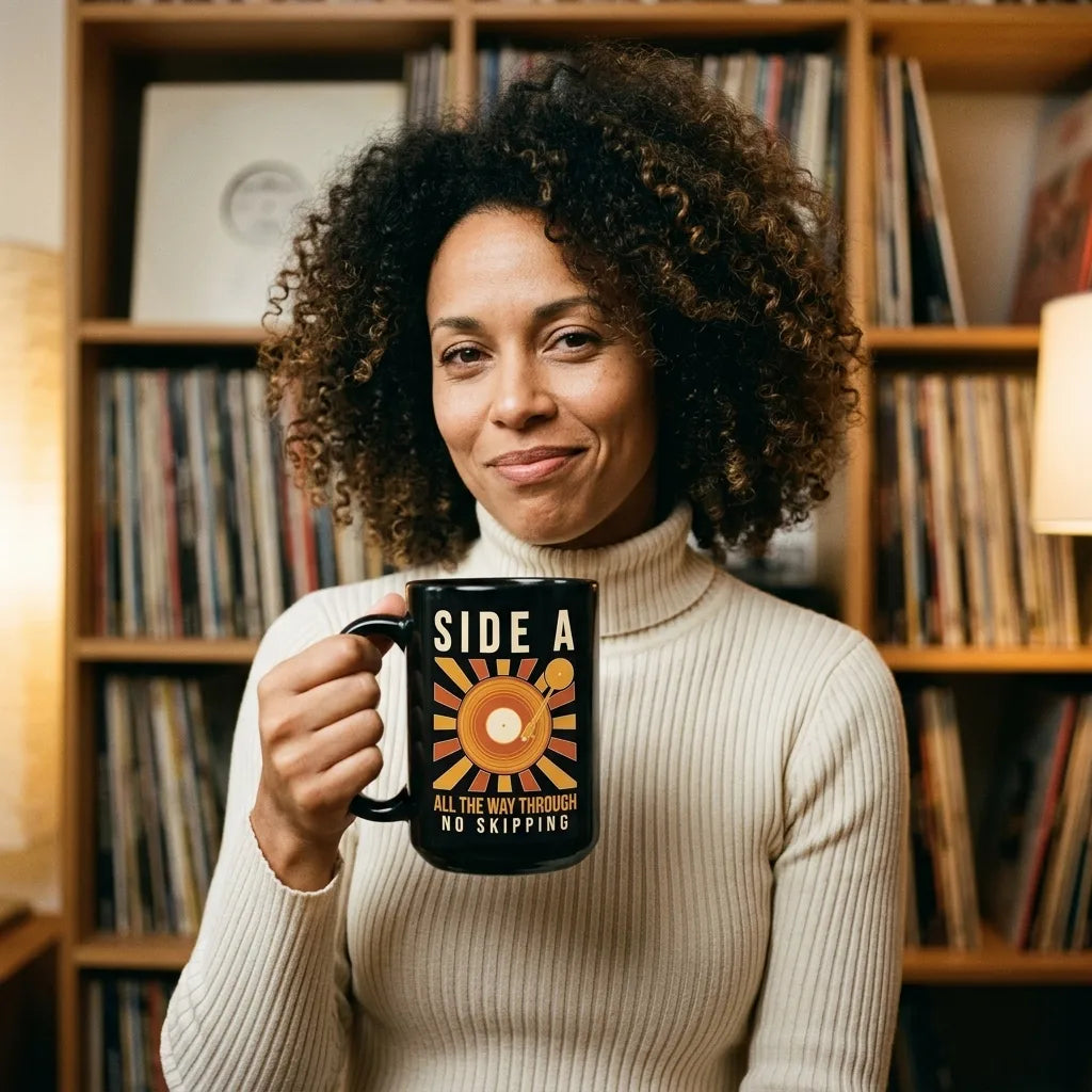 Side A No Skipping vinyl record mug — lifestyle