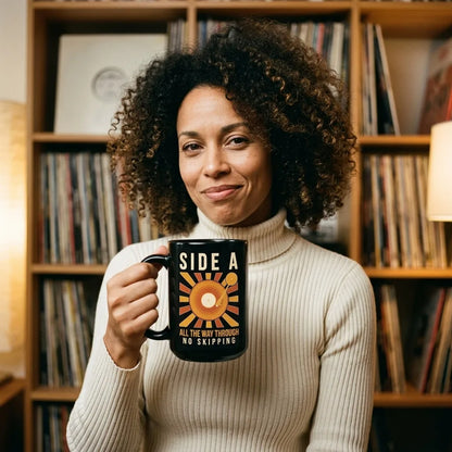 Side A No Skipping vinyl record mug — lifestyle