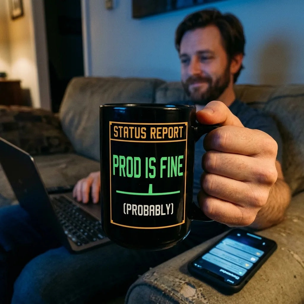 Prod Is Fine programmer mug — lifestyle