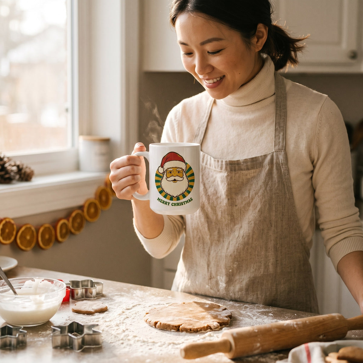 Groovy Santa retro Christmas mug — lifestyle