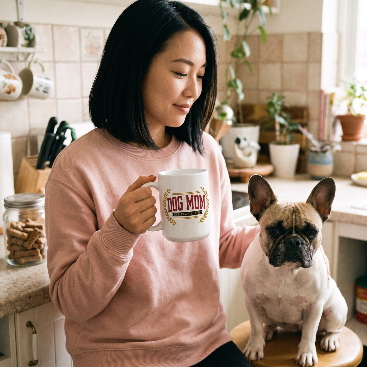 Dog Mom Est. Varsity Wordmark print — lifestyle