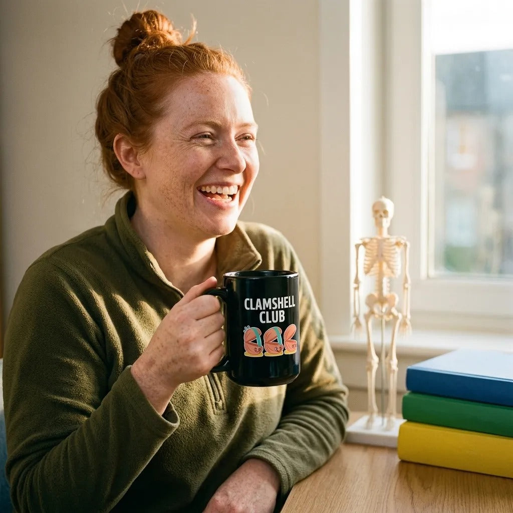 Clamshell Club funny physical therapy mug — lifestyle