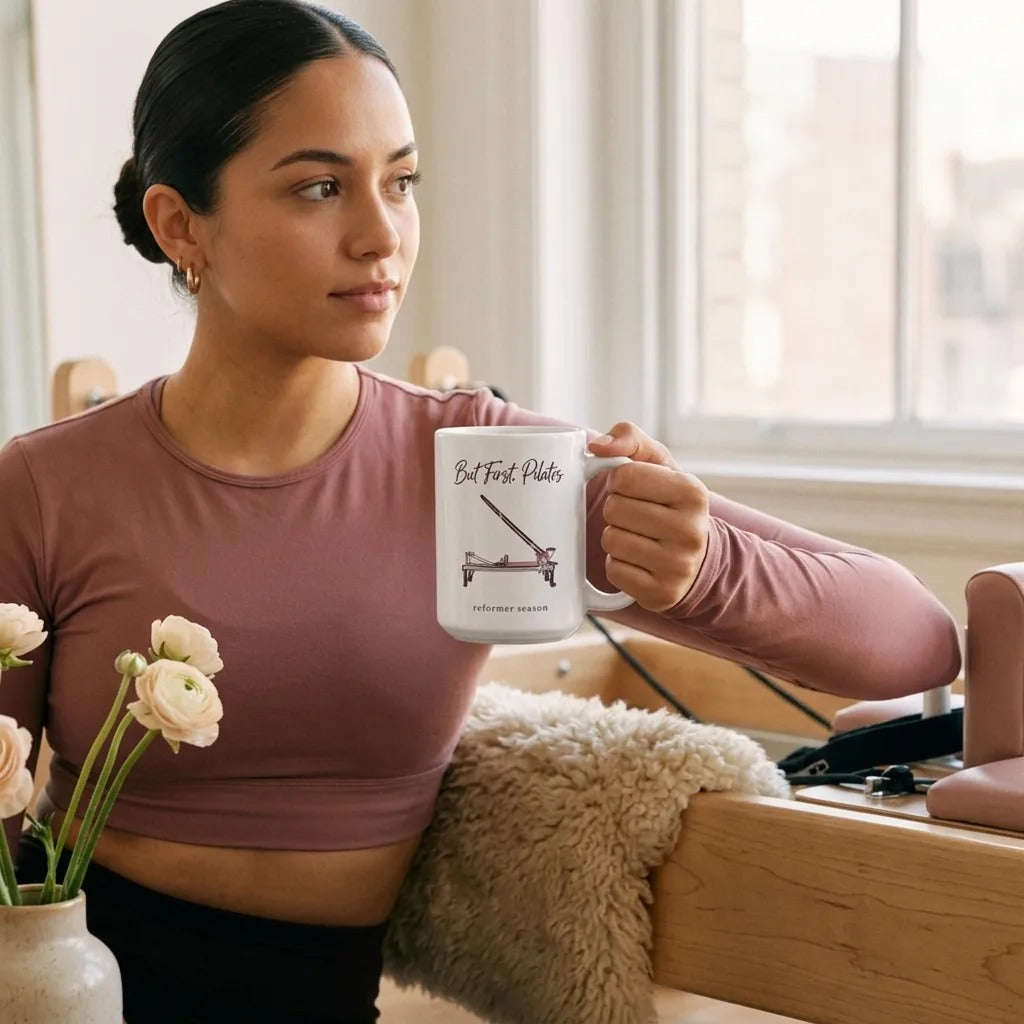 But First Pilates reformer line-art mug — lifestyle
