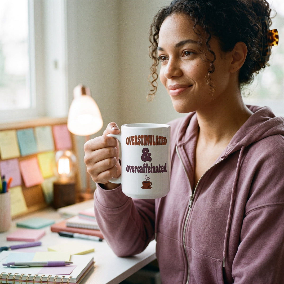 Overstimulated & Overcaffeinated funny mental health mug — lifestyle