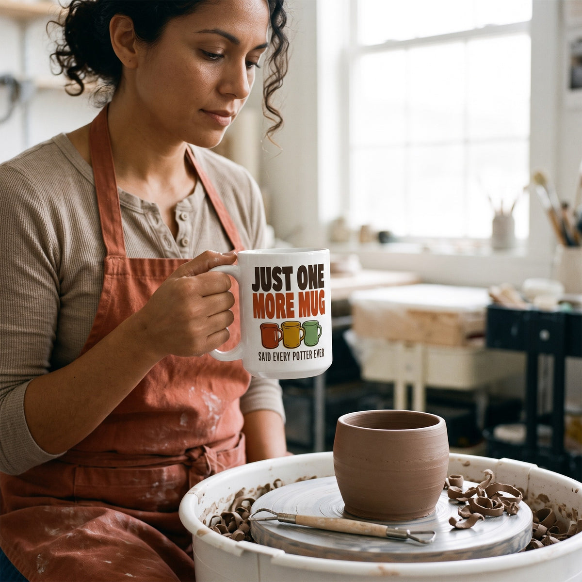 Just One More Mug funny pottery mug — lifestyle