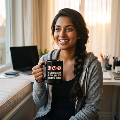 No Circling Back corporate jargon prohibition signs mug — lifestyle