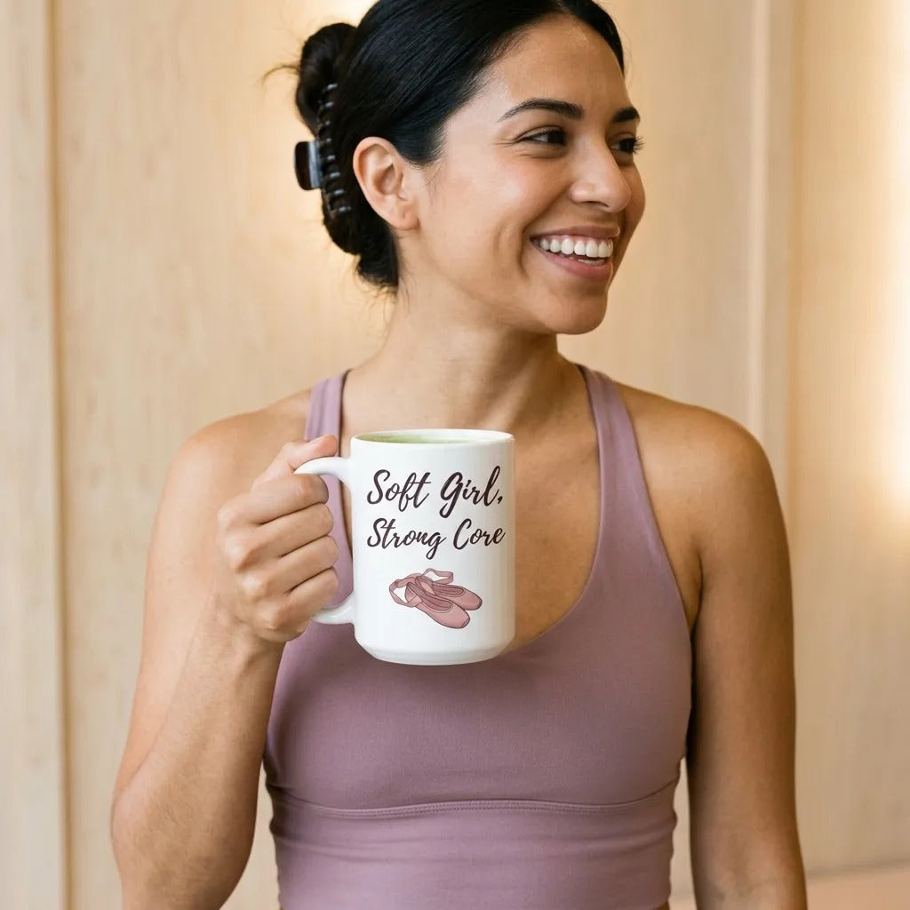 Soft Girl, Strong Core ballet-slipper pilates mug — lifestyle