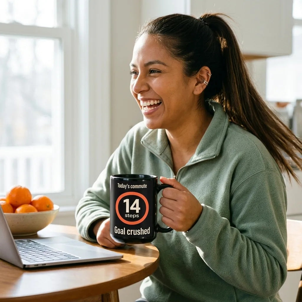 Today's Commute 14 Steps work from home mug — lifestyle