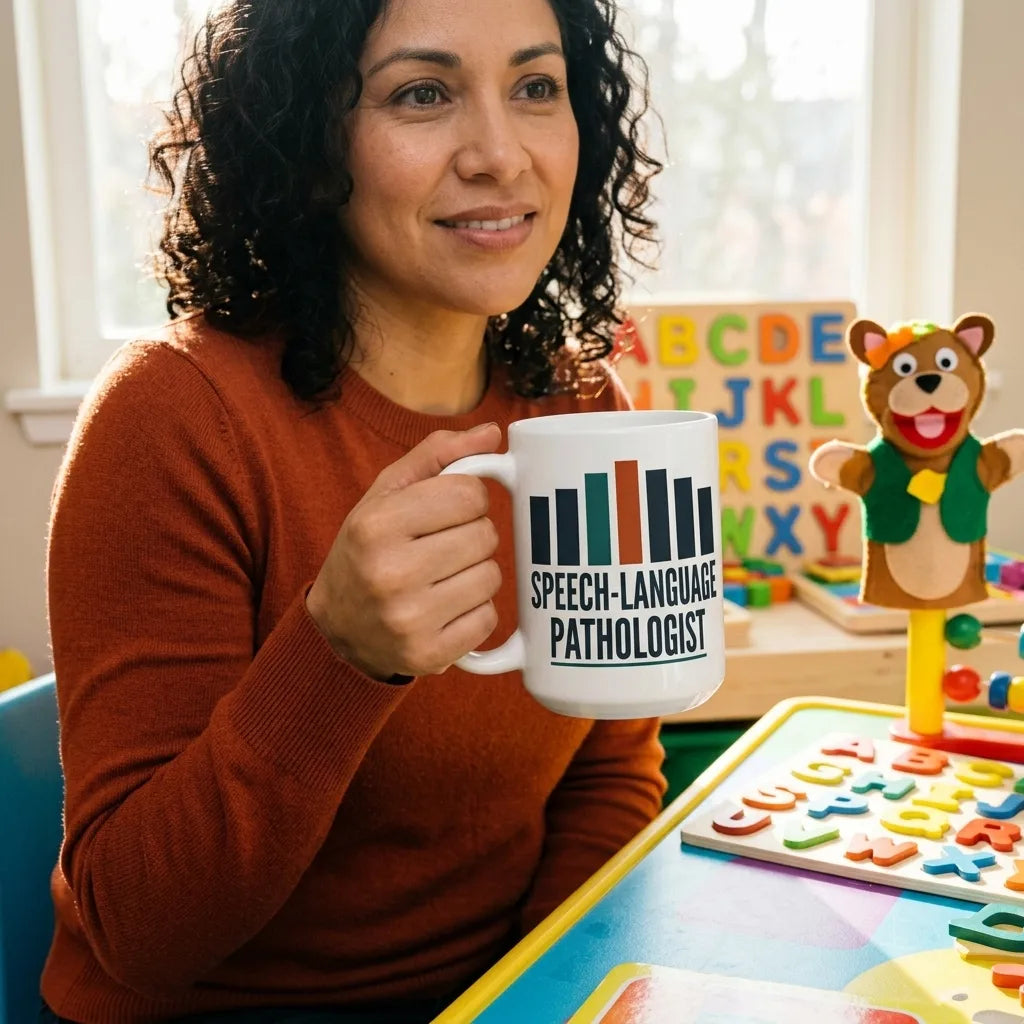 Mid-Century Clinic speech therapy mug — lifestyle