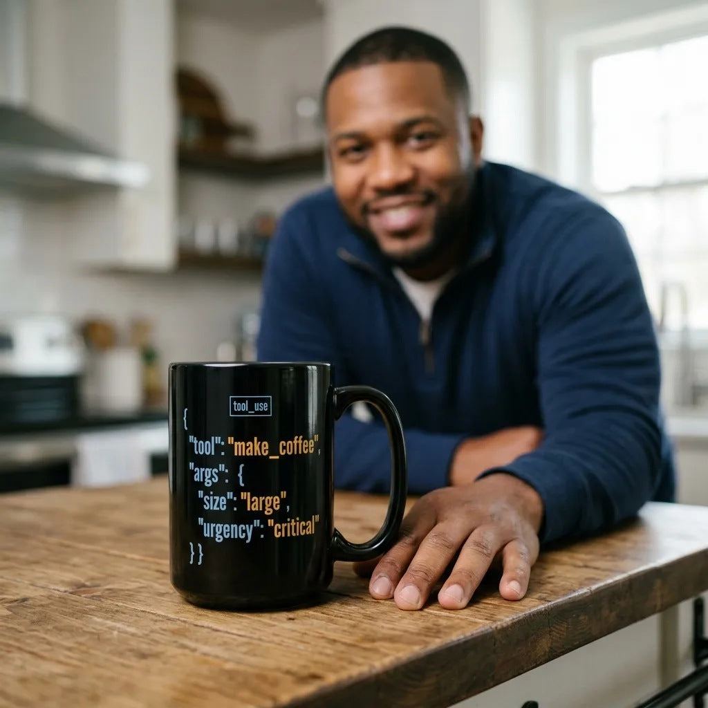 Tool Call Make Coffee AI engineer mug — lifestyle