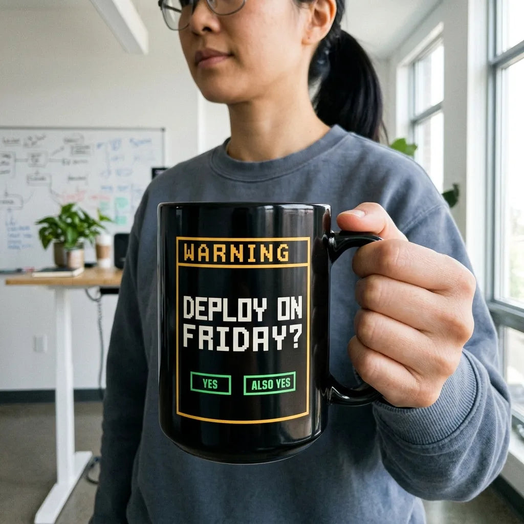 Deploy On Friday programmer mug — lifestyle