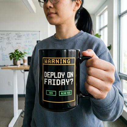 Deploy On Friday programmer mug — lifestyle