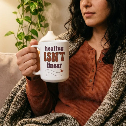 Healing Isn't Linear soft retro mental health mug — lifestyle
