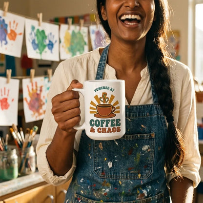 Powered By Coffee & Chaos print — lifestyle