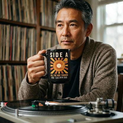 Side A No Skipping vinyl record mug — lifestyle