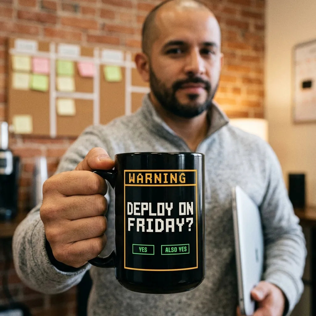 Deploy On Friday programmer mug — lifestyle