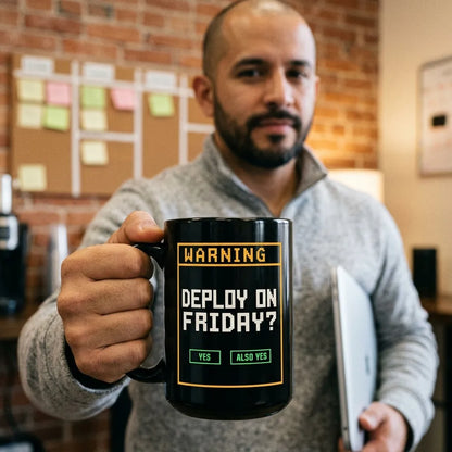 Deploy On Friday programmer mug — lifestyle