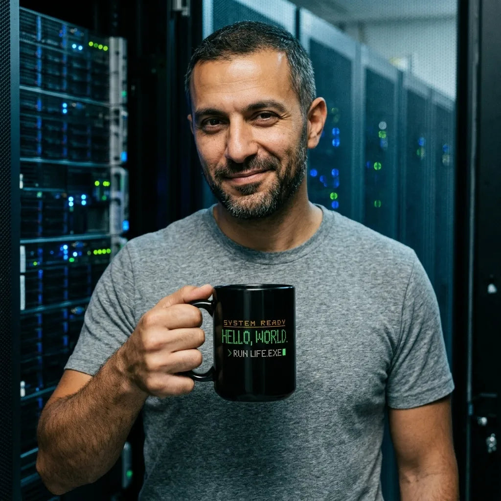 Hello World programmer mug — lifestyle
