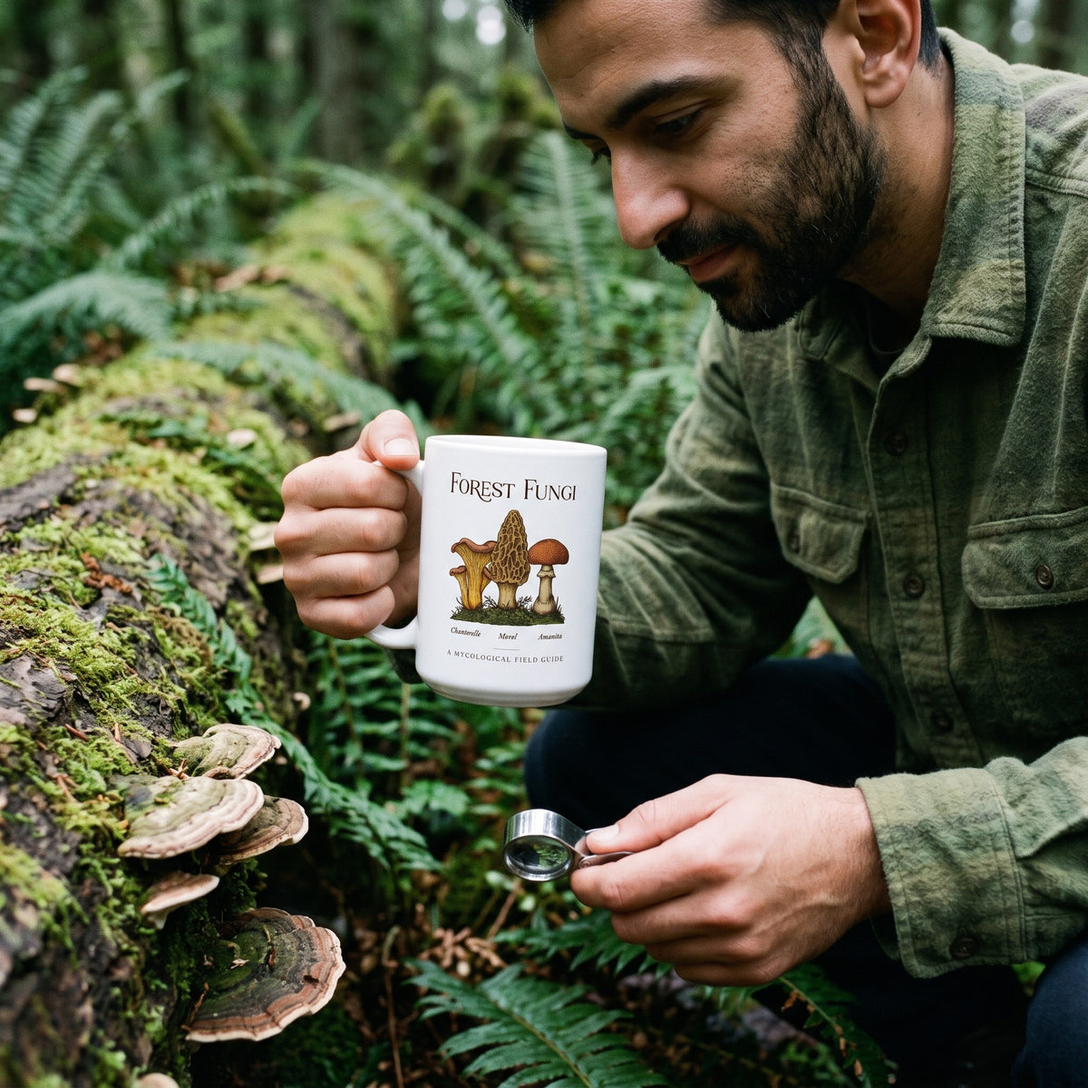 Forest Fungi vintage mushroom field guide mug — lifestyle