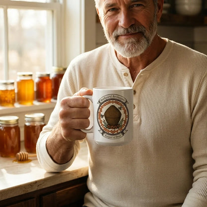 Backyard Beekeeper Keeper of Bees vintage apiary crest ceramic mug — lifestyle